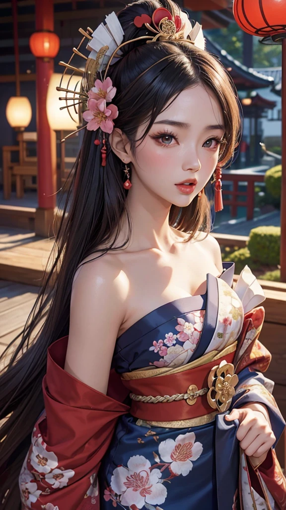 sexy asian girl, 1girl, japanese geisha, 20 years old, face close up, half body portrait, (geisha hairstyle), big brown eyes, nihongami, geisha makeup, modest look, seducing viewer, hearts, posing, sexy pose, solo, blue floral kimono, off shoulder, bonsai, sakura, cherry blossom, submission, sunset, flowers, plants, cinematic lightings
