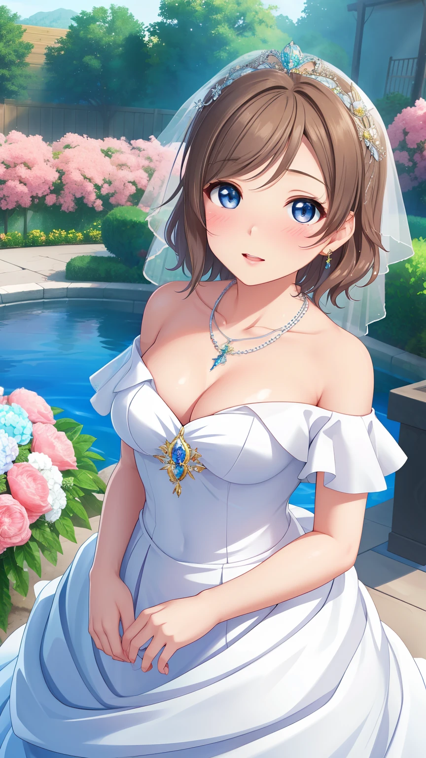 (Masterpiece), 8k wallpaper, solo, Watanabe you, game cg, beautiful detailed face and eyes, perfect anatomy, standing, outside, blush, glossy lips, wedding dress, off the shoulder, necklace, jewelry, garden