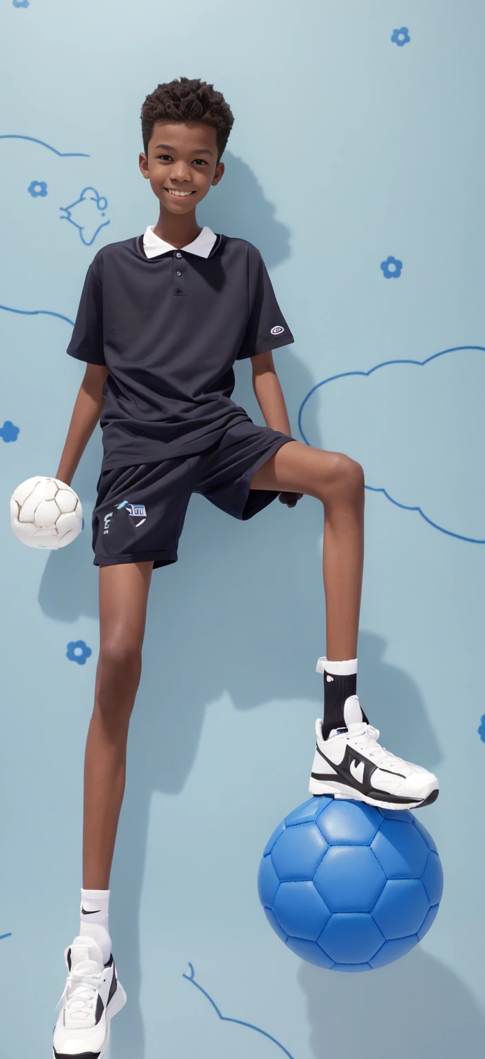 14 year old boy,(Wearing white tennis clothes,Wearing black socks),Dark skin,Big round eyes,Very short hair,Tall and skinny,Toothy Smile,Sharpen details,Knee muscle lines,Blue Background