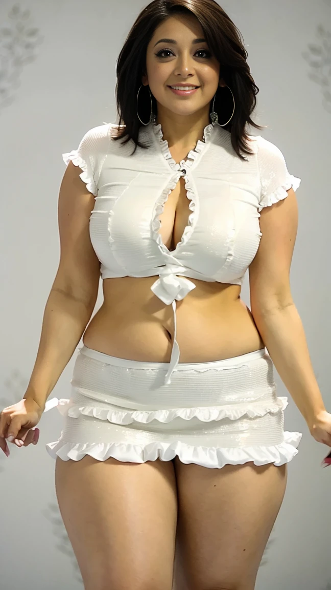 HD wallpaper 32k cinematic shoot of a Beautiful cute girl, with thick thighs and a curvy waist, smiling, wearing a White Ruffle Dress, ((lowwaist)), ((Double thick thighs))