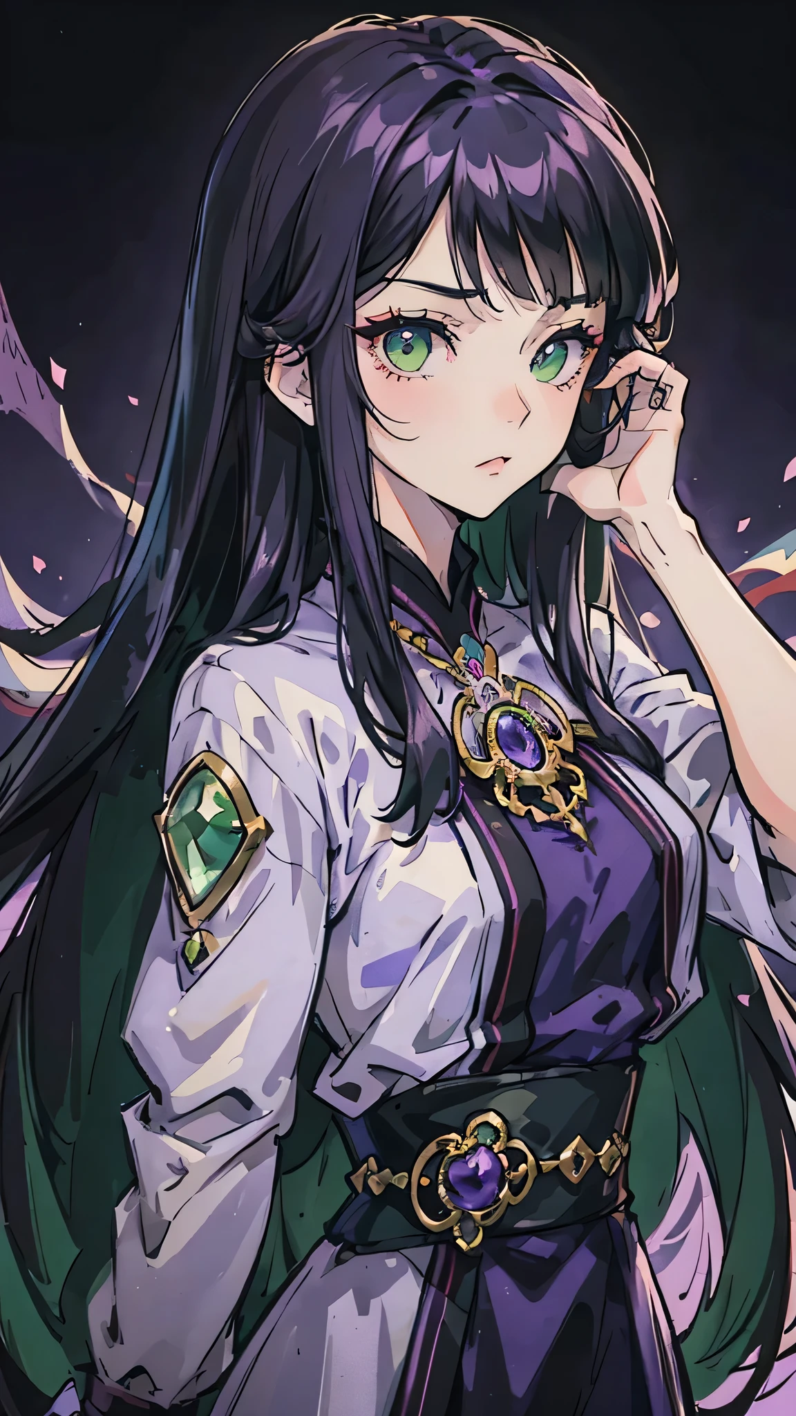 Woman , long  hair, long dark purple hair, hime cut hairstyle, hime cut hairstyle, green eyes, emerald eyes, FOV, f1.8, masterpiece, front portrait shot, black and dark purple casual clothing, plain dark purple colored background, serious expression, front full bangs, siren eyes, cat-shaped eyes
