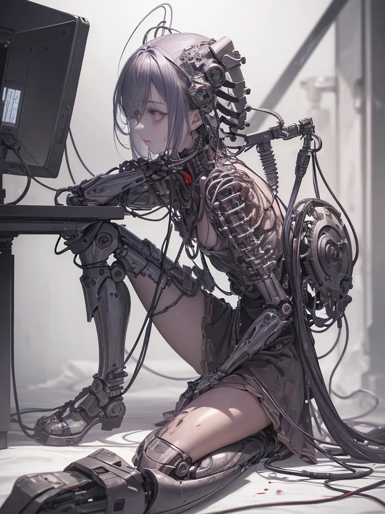 (masterpiece, top quality, Best quality, official art, Beautiful indulgence: 1.2), (1 girl: 1.3), Very detailed, Colorful, Supreme details ((ultra detailed)), (highly detailed computer illustration), ((from (very gentle and beautiful)), (from before), Cinematic light, (1 mechanical girl)), One, full body, lesbian, (mechanical joints: 1.2), ((mechanical limbs)), (blood vessels, attached to the tube), ( mechanical vertebrae, attached to the back), ((Mechanical cervical vertebrae, attached to the neck.)), (sitting), inexpressive, (wires and cables, attached to the neck: 1.2), (wires and cables, attached to the neck: 1.2), (character focus), Science fiction, White background, (blood: 1.5)