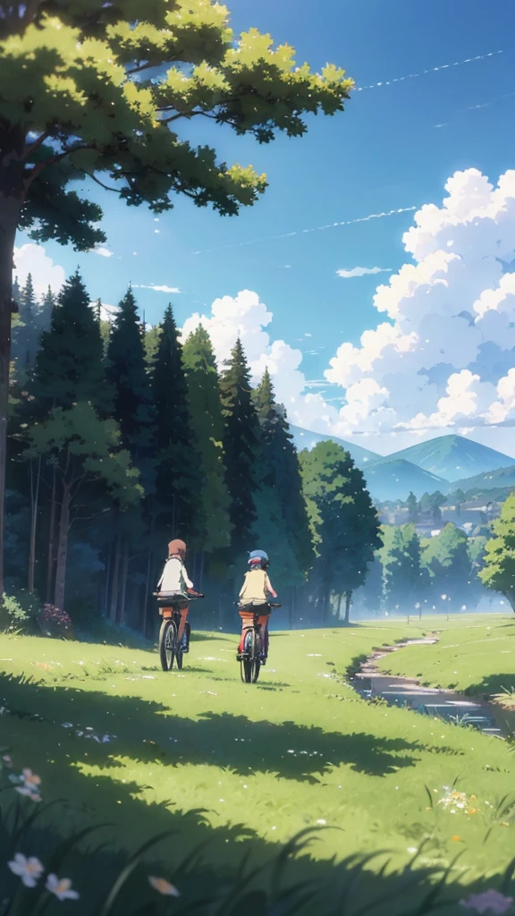 anime characters riding bicycles in a field with green grass and mountains in the background, anime countryside landscape, anime background key visual, akira toriyama studio ghibli, studio ghibli key visual, anime movie background, scenery artwork, anime wallaper, studio ghibli sky, anime background, cinematic studio ghibli still, style of studio ghibli, studio ghibli anime, anime scenery, anime. by makoto shinkai, anime landscape wallpaper, japanese animation style, anime nature wallpap, japanese countryside, ghibli studio anime style, studio ghibli movie still