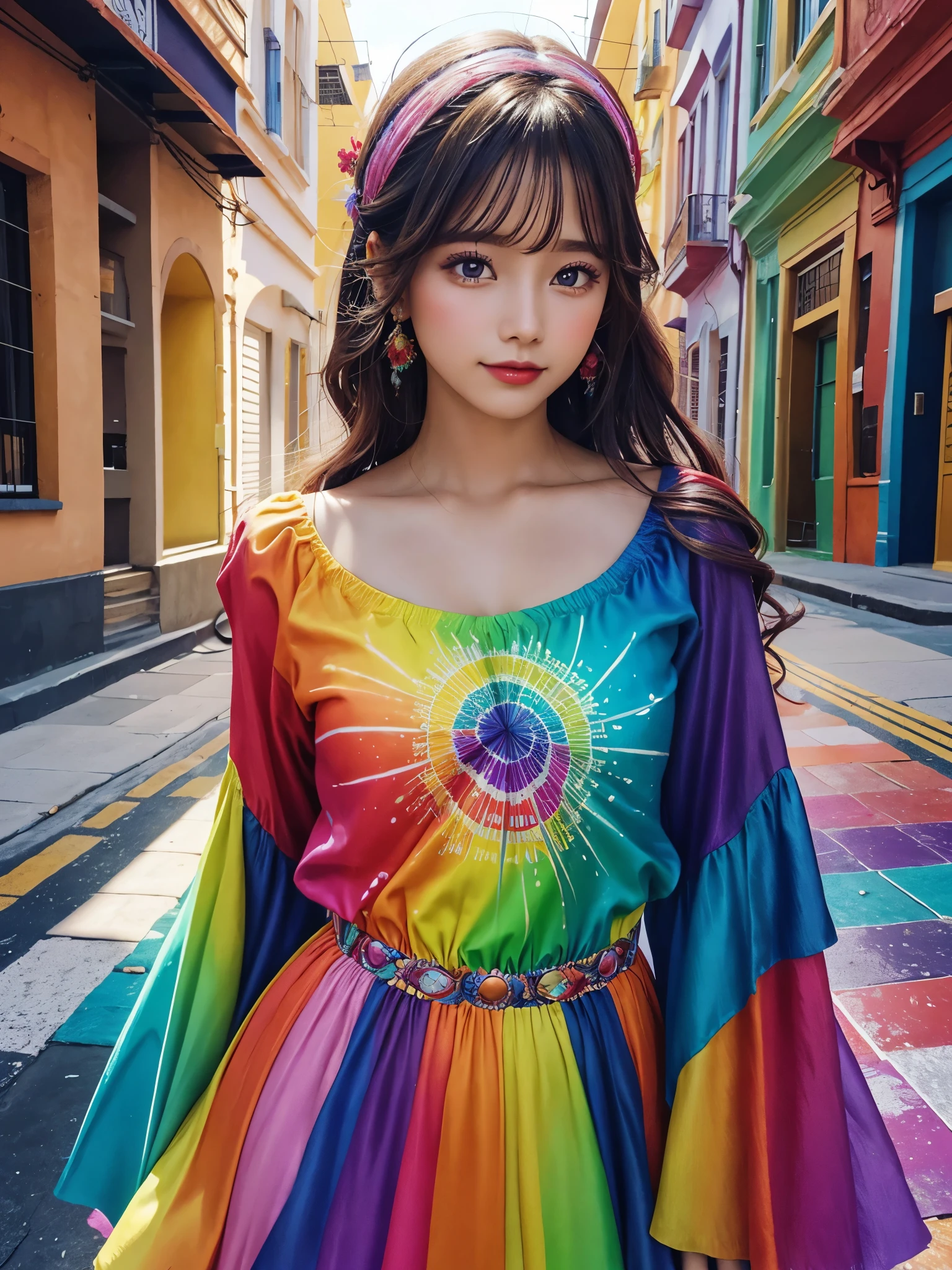 a woman in a vestido colorido is posing for a picture, vestido colorido, ropa arcoiris, moda colorida, pintura corporal fresca del arco iris, colorful digital fantasy art, Hermoso y colorido, vestido fluido, karol behind uhd, ropa colorida, vibrant fantasy style, vestido con seda colorida, Colores del arcoiris, gorgeous digital art, hermosa obra de arte digital, ropa colorida