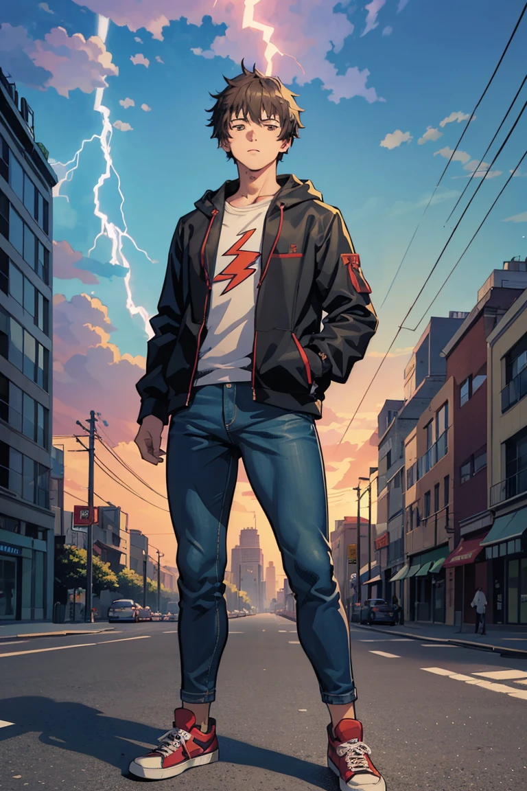 ((illustration)), (best quality)), ((masterpiece)), (detailed), ((lightning)), teenager, solo, 1boy, male focus, black jacket, short hair, black hair, standing, shaggy hair, jeans, sneakers, cityscape, lineart, thick lines, comic cover, itadori, itadori_yuuji