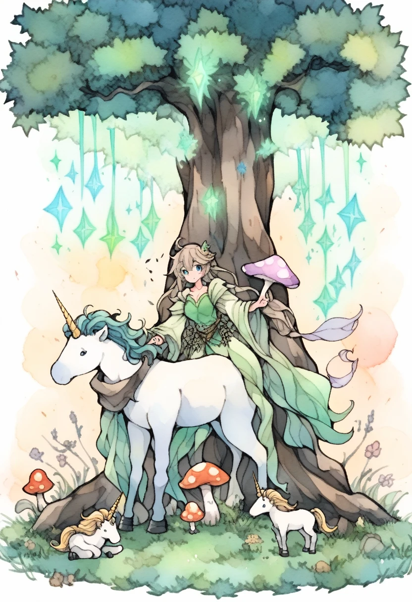 A young mage with emerald eyes and flowing robes stands before an ancient tree, its branches glowing with mystical runes. A mischievous sprite peeks from behind a mushroom, and a curious unicorn observes from the edge of the clearing. Arthur Rackham style, watercolor and ink, mystical, ethereal, enchanting.