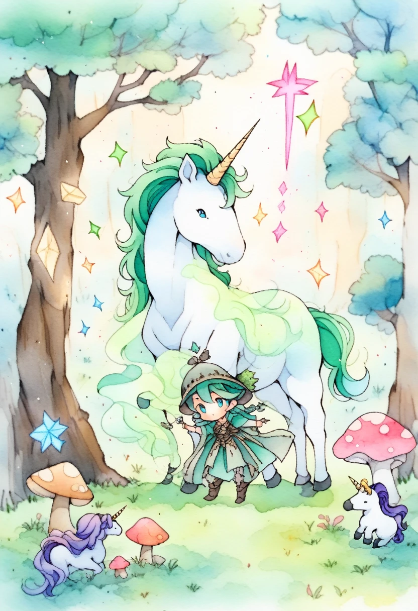 A young mage with emerald eyes and flowing robes stands before an ancient tree, its branches glowing with mystical runes. A mischievous sprite peeks from behind a mushroom, and a curious unicorn observes from the edge of the clearing. Arthur Rackham style, watercolor and ink, mystical, ethereal, enchanting.