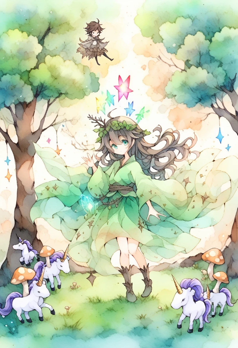 A young mage with emerald eyes and flowing robes stands before an ancient tree, its branches glowing with mystical runes. A mischievous sprite peeks from behind a mushroom, and a curious unicorn observes from the edge of the clearing. Arthur Rackham style, watercolor and ink, mystical, ethereal, enchanting.