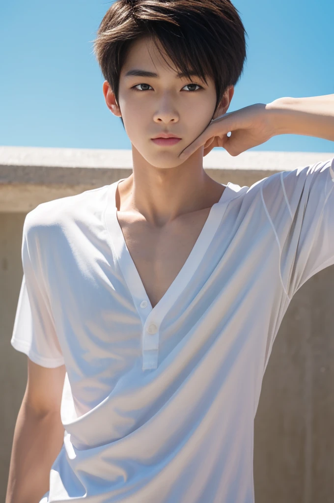 Cool protagonist,,,,Refreshing athletic guy,,,boy,,boys,charm,Action,Vibrancy,,Japanese high school student style,Magazine talent style,clavicle,thin limbs,Male Focus,Gentle Breeze,Dust,Natural light,face,hand,eye,Biologically correct,Big white shirt,Strange eroticism,