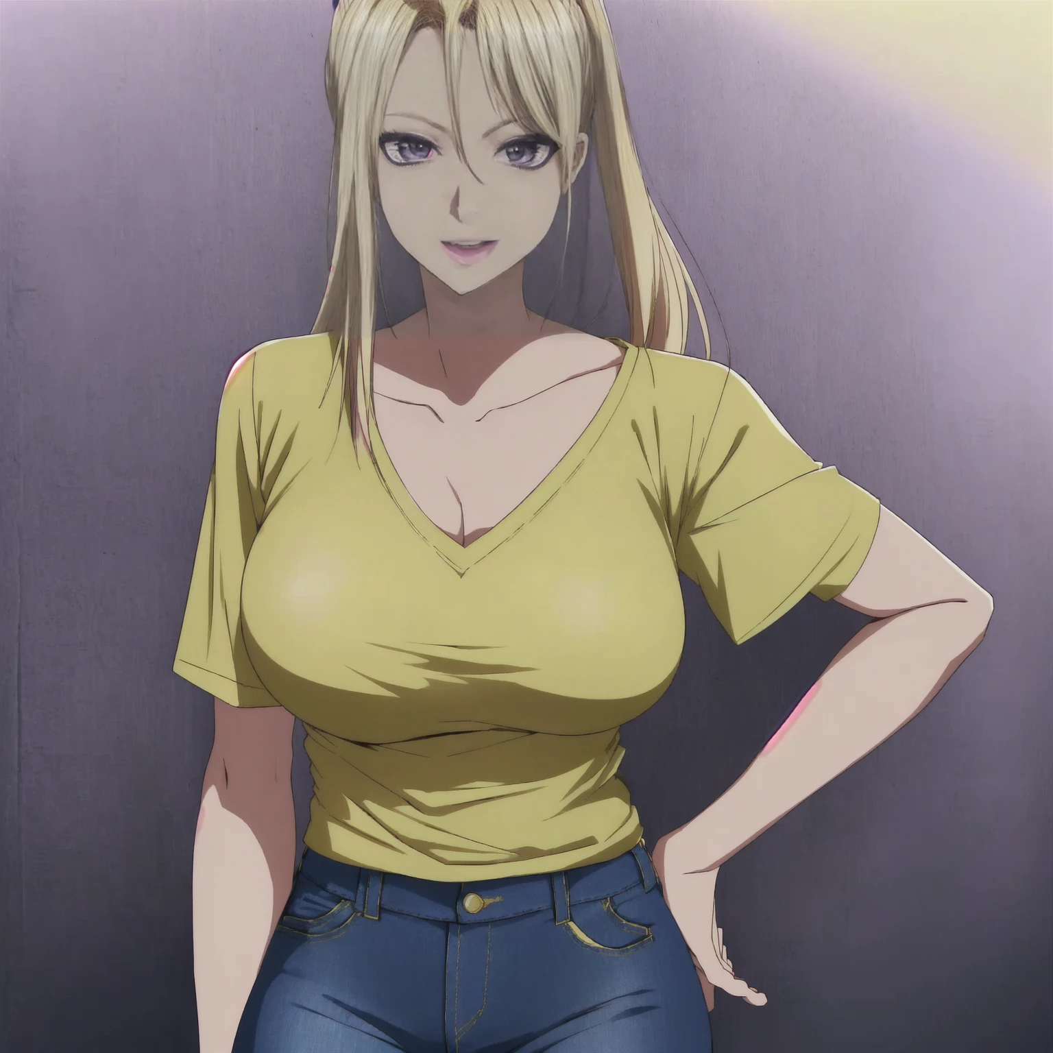 25 year old, single long pony tail blonde hair woman, Caucasian, sexy expression happy, purple color eyes, in yellow v neck t- shirt and blue jeans, large breasts highly detailed, 1080p, sunrise studios anime style