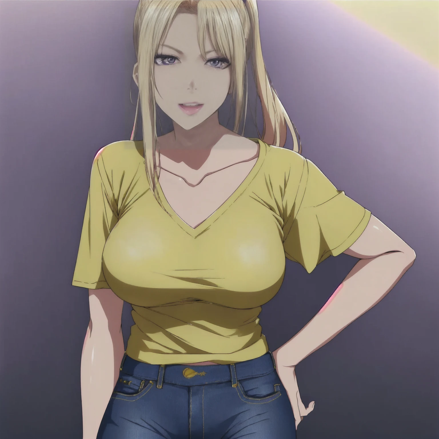 25 year old, single long pony tail blonde hair woman, Caucasian, sexy expression happy, purple color eyes, in yellow v neck t- shirt and blue jeans, large breasts highly detailed, 1080p, sunrise studios anime style