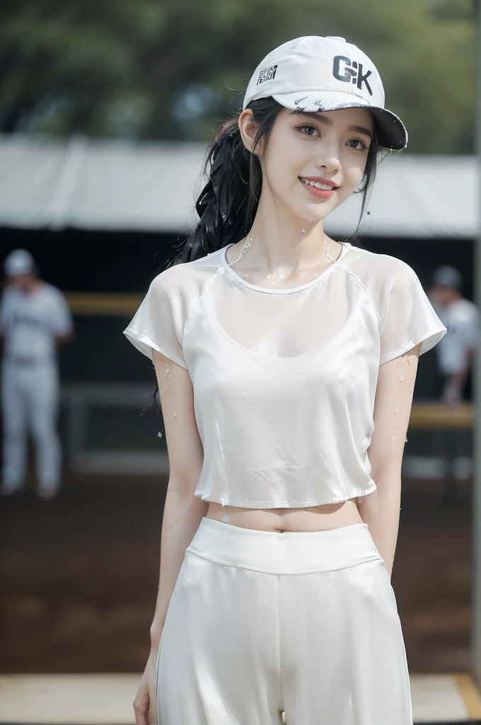 (Extremely meticulous CG),(((8k))),wallpaper,((Extremely refined and beautiful)),(((Masterpiece))),(((best qualtiy))),(((Ultra High Resolution))),beautiful light up,realistic shaded,(Smooth and flawless fair skin:1.5),(Extremely exquisite facial details:1.2),(ultra-detailed:1.5),((a beautiful girl,solo)),(White baseball cap:1.5),(short ponytail:1.2),(wet hair:1.5),(small head:1.2),(slender face:1.2),(Exquisite makeup:1.3),(happy:1.2),(laughing:1.2),(perfect body:1.1),(wet:1.5),(sweat:1.3),(shiny skin:1.5),(white shirt with short sleeves:1.3),(small breasts:1.3),(flat chest:1.2),(black and white checked silk pants:1.5),((slim,thin)),(from front:1.3),(standing:1.3),(arms behind back:1.3),(at the school:1.5),(urban landscape:1.3),(outdoor:1.3),(summer:1.3),(day scene:1.3),(gloomy:1.3),(rainy:1.3),(overcast:1.5),(upper body:1.3),(surrounded by crowded crowds:1.5)