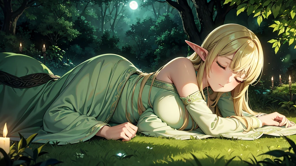 Top quality, masterpiece, ((1 person)), elven female, blonde, long hair, Gwaiz style, a sliver of moonlight in the darkness, Celtic forest, cute, (sleeping quietly on a bed of soft green leaves), older sister, 25 years old, faint light particles floating around, creating a mysterious and fantastical atmosphere