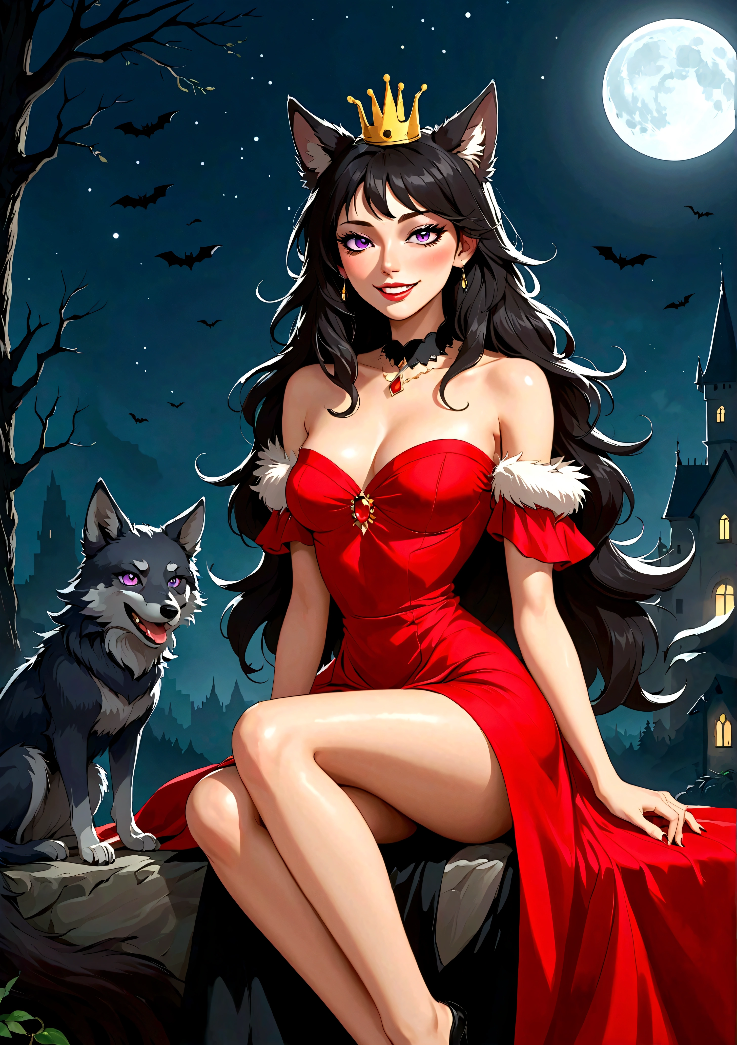 Vector，flat，Simple and smooth lines，A beautiful illustration：Big Bad Wolf:1.37.Beautiful girl sitting elegantly，(((She has a beauty spot:1.37)))，Purple Eyes，Delicate lashes，laughing out loud，Fangs，Smooth skin，Long black hair，Wolf ears， Small Crown，Red dress with fur collar，Long legs。温顺的Big Bad Wolf。Correct human anatomy，moonlight，bat