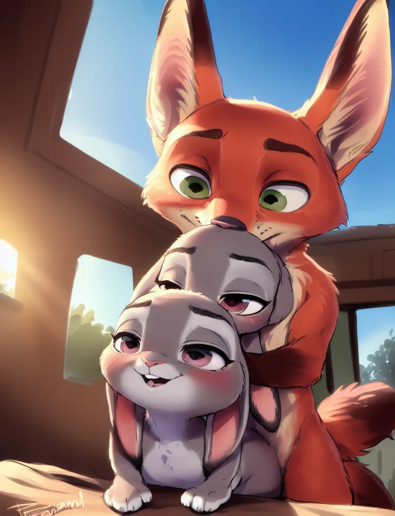 (uploaded on e621,8k, RAW photo,high resolution,high quality), ((masterpiece)), female, ((slim judy hopps)), (naked), (front view), (tail) (cinematic lighting), backlighting, (shaded), detailed background, by dagasi, (by personalami), [by Ruan Jia],, (Nick Wilde), (Penetrated:1.3)), (duo), male, Rabbit's Tail, nsfw 
