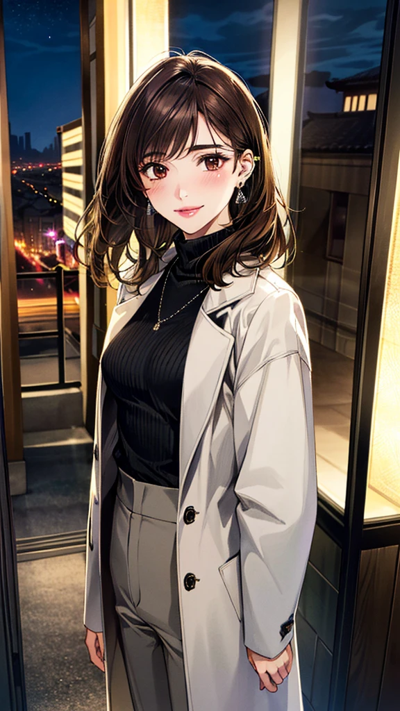(masterpiece:1.3, Highest quality, Ultra-high resolution, Super detailed), (Realistic, photoRealistic:1.4), Beautiful illustrations, Perfect lighting, colorful, Depth of written boundary,
Beautiful detailed hair, Beautifully detailed face, Beautiful fine details, Beautiful clavicle, Beautiful body, Beautiful breasts, Beautiful thighs, Beautiful feet, Beautiful fingers,
View Viewer, Full Body Shot、Front view:0.6, 1 girl, Japanese, Female college student, Perfect Face, (Perfect Anatomy, Anatomically correct), Cute and symmetrical face, Baby Face, , Shiny skin,
((coat)).((Turtleneck sweater:1.4,)) ((slacks:1.4)),(pumps:1.2)
(Dark brown hair, Medium Wave:1.4), Dark brown eyes, (Large Breasts), thin,
necklace, (Small earrings:1.3),
(Beautiful views), (night), (city, cityscape in the distance), Are standing, (Smile, Lips parted),