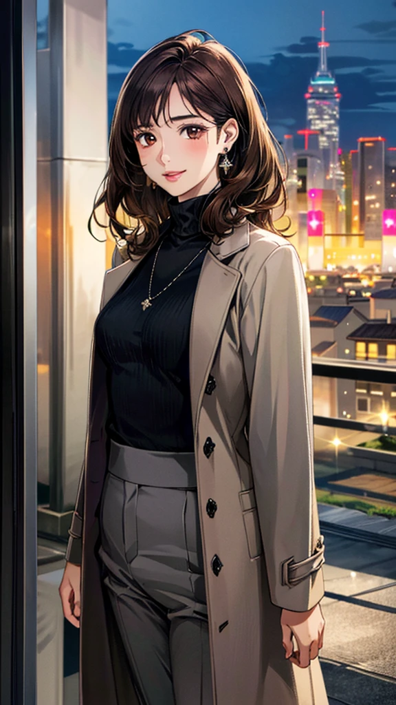 (masterpiece:1.3, Highest quality, Ultra-high resolution, Super detailed), (Realistic, photoRealistic:1.4), Beautiful illustrations, Perfect lighting, colorful, Depth of written boundary,
Beautiful detailed hair, Beautifully detailed face, Beautiful fine details, Beautiful clavicle, Beautiful body, Beautiful breasts, Beautiful thighs, Beautiful feet, Beautiful fingers,
View Viewer, Full Body Shot、Front view:0.6, 1 girl, Japanese, Female college student, Perfect Face, (Perfect Anatomy, Anatomically correct), Cute and symmetrical face, Baby Face, , Shiny skin,
((coat)).((Turtleneck sweater:1.4,)) ((slacks:1.4)),(pumps:1.2)
(Dark brown hair, Medium Wave:1.4), Dark brown eyes, (Large Breasts), thin,
necklace, (Small earrings:1.3),
(Beautiful views), (night), (city, cityscape in the distance), Are standing, (Smile, Lips parted),