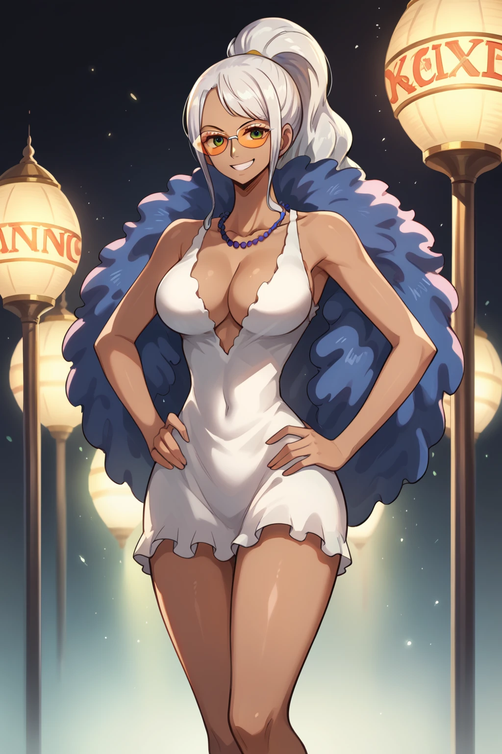 score_9, score_8_up, score_7_up, score_6_up, score_5_up, score_4_up, BREAK, source_anime, 1girl, nico robin \(one piece\) wearing a white short dress with a blue feather boa, nicogold, necklace, sunglasses, dark brown skin, dark skin, ebony brown skin, dark brown skin complexion, silver white hair, ponytail, cleavage, smile, neon rim lighting, light particles, tall female, long legs, narrow waist, broad shoulders, hands on hips, thighs, black background, 