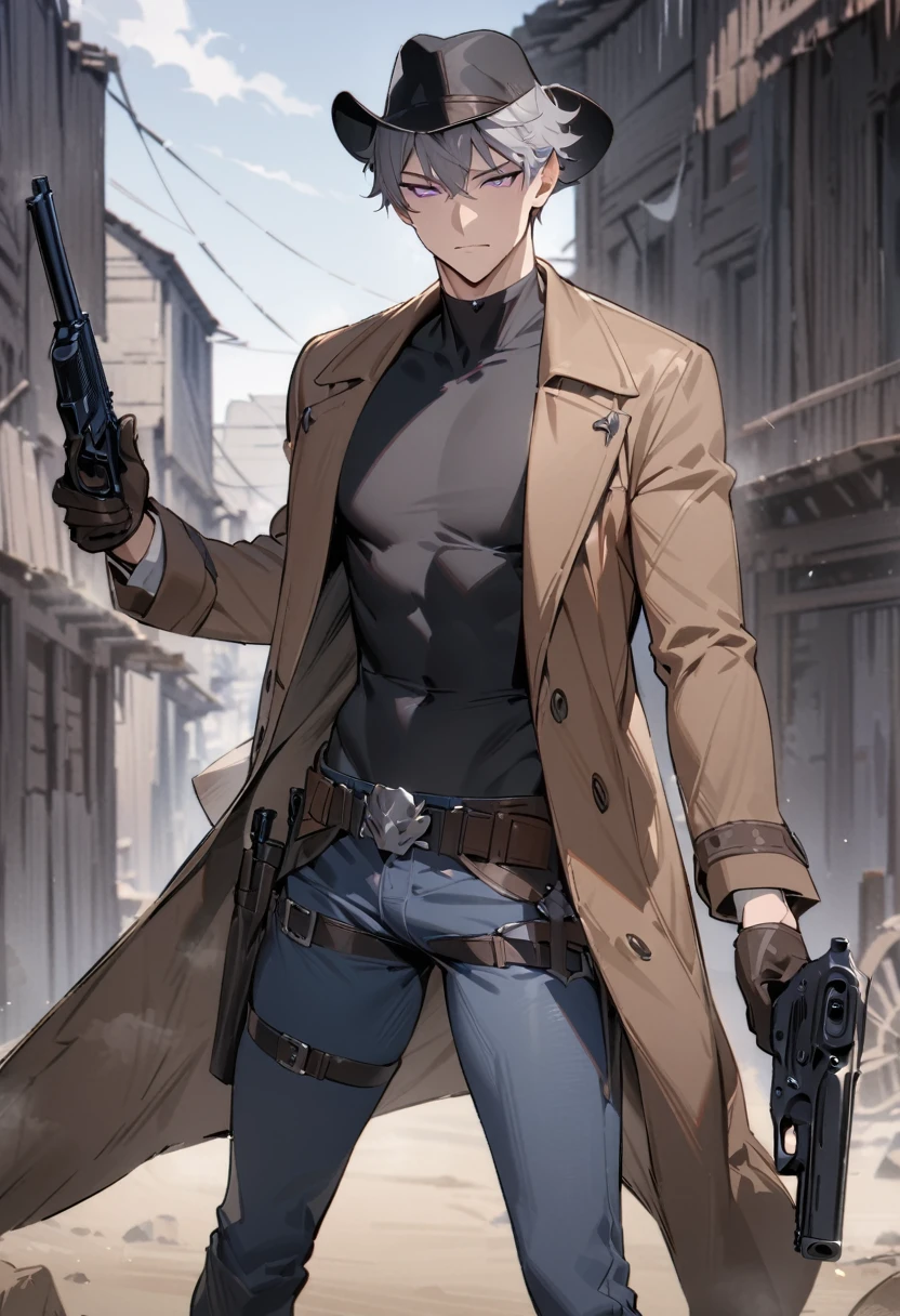 (masterpiece, best quality:1.2) best quality, boy design, short gray hair, boy face, boy body, focused look, purple eyes, black cowboy hat, black tight shirt, brown Duster coat, black gloves, blue jeans, western black boots, black cowboy holster, 2 guns, holding guns in hands.
