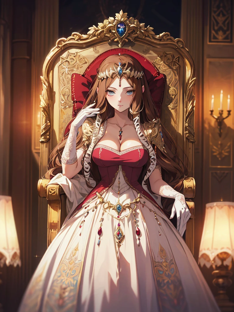 ((Front face)),((Dark brown hair))Anime art style,masterpiece,(Highest quality), (Super detailed),(Very delicate and beautiful),(Detailed face and eyes),Beautiful eyes like jewels,(A truly gorgeous jeweled ruffled rococo ball gown dress),(((Mature Woman,Queen))),((1 Queen in a beautiful embroidery and jeweled absolutely gorgeous rococo ballgown dress with voluminous full length hoop skirt)),((crinoline)),Absolutely gorgeous highly detailed rococo ball gown dress with ruffled voluminous full length hoop skirt,((Long Straight Hair)),(),Cleavage,(Fantasy Castle,Outdoor,Outside the castle),length_gloves,Very gorgeous hair ornament,Sparkling、A very gorgeous jewel-encrusted tiara,((Gorgeous Glitter Jewelry)),