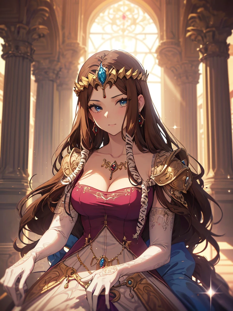 ((Front face)),((Dark brown hair))Anime art style,masterpiece,(Highest quality), (Super detailed),(Very delicate and beautiful),(Detailed face and eyes),Beautiful eyes like jewels,(A truly gorgeous jeweled ruffled rococo ball gown dress),(((Mature Woman,Queen))),((1 Queen in a beautiful embroidery and jeweled absolutely gorgeous rococo ballgown dress with voluminous full length hoop skirt)),((crinoline)),Absolutely gorgeous highly detailed rococo ball gown dress with ruffled voluminous full length hoop skirt,((Long Straight Hair)),(),Cleavage,(Fantasy Castle,Outdoor,Outside the castle),length_gloves,Very gorgeous hair ornament,Sparkling、A very gorgeous jewel-encrusted tiara,((Gorgeous Glitter Jewelry)),