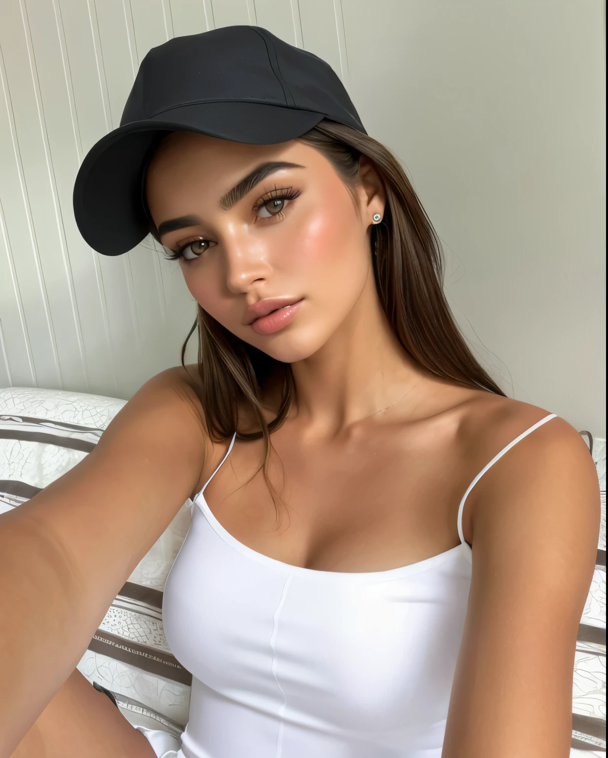 Mujer linda, Brazilian supermodel, Brazilian, en la Copa del Mundo, fernanda suarez, carolina gariba, Ana de Armas, Colombiano, Malika Favre, bella dama, julia sardinia, 🇺🇦, Se parece a Fabiula Nascimento., Dua Lipa, Hermosa mujer mexicana con una camiseta blanca sin mangas y sombrero negro, Retrato Sophie Mudd, modelo de instagram, con sombrero, ella lleva una camiseta sin mangas negra, usando una gargantilla y un lindo sombrero, Emily Ratajkowski, Angelina Stroganova, Victoria Gavrilenko, olivia culpo, cara y cuerpo atractivos, Parece Laura Barriales, Photography realista, Photography, obra-prima, realista, Realismo, renderizado, Alto contraste, Arte Digital, photographic realist, tendencia en Artstation 8k HD, High Definition, circunstanciado, realista, detallado, textura de la piel, hiperdetallado, Textura de piel realista, Mejor calidad, ultra high resolution, (Photography realista: 1.4), high resolution, detallado, Photography crua, sharp resolution, Nikon D850 Films, Photography de stock 4, F1 Lens for Kodak Portra 400 Camera.6, textura hiperrealista, dramatic lighting, Tendencia poco realista en Artstation Cinestill 800, .....CRUDO.