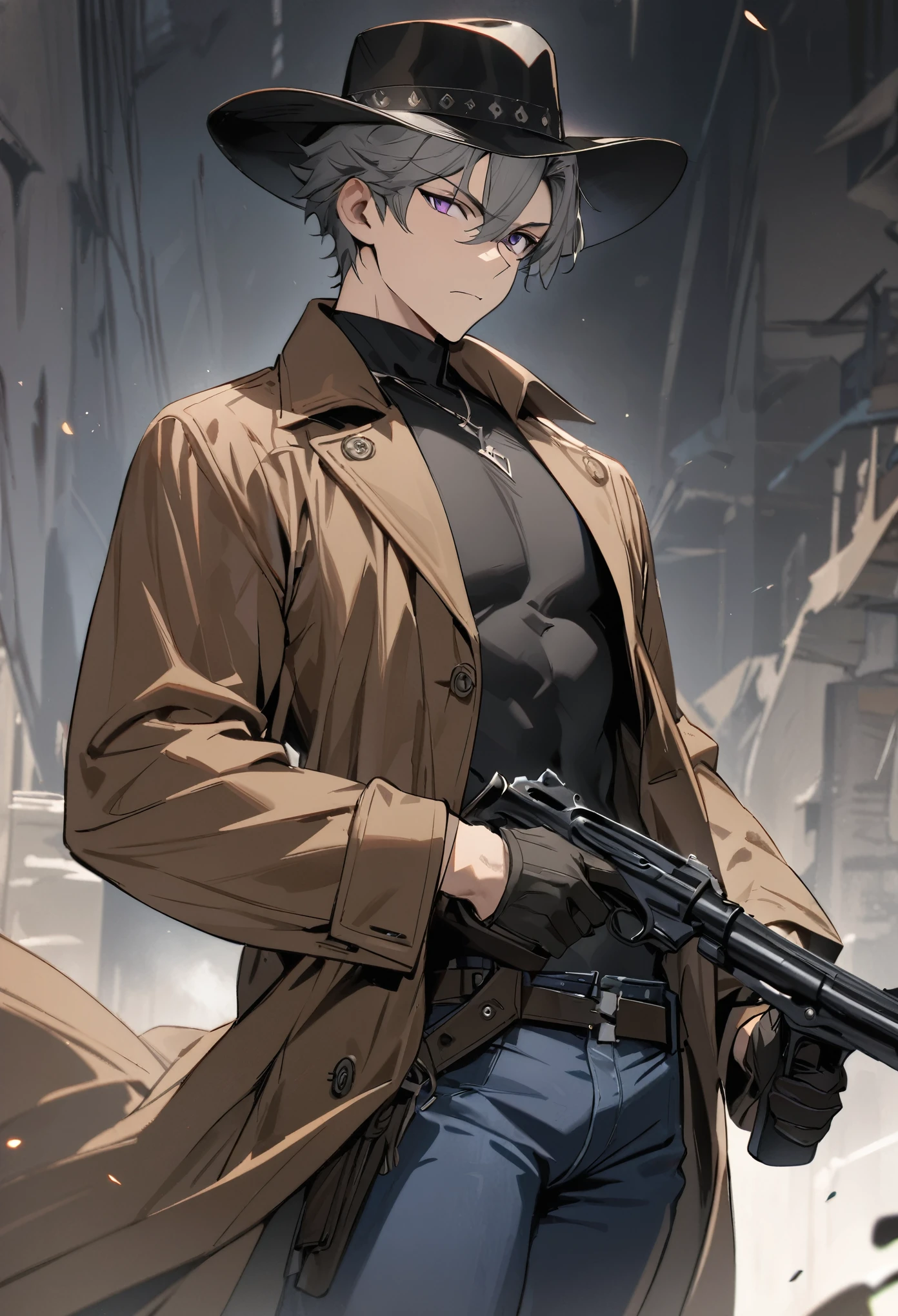 (masterpiece, best quality:1.2) best quality, boy design, short gray hair, boy face, boy body, focused look, purple eyes, black cowboy hat, black tight shirt, brown Duster coat, black gloves, blue jeans, western black boots, black cowboy holster, 2 guns, holding guns in hands.
