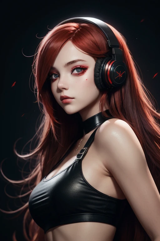 girl with long red hair, red eyes, futuristic vibes, mask on mouth, headphones, 8k, high quality, simple background, glowing eyes, nice pose