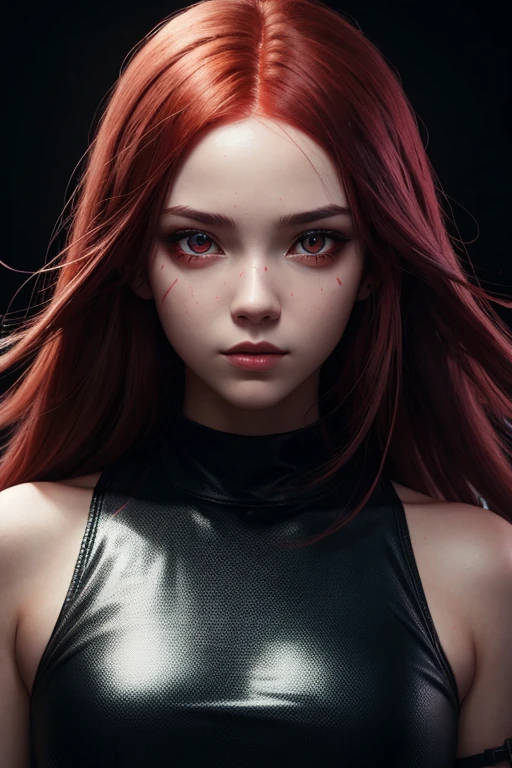 girl with long red hair, red eyes, futuristic vibes, mask on mouth, headphones, 8k, high quality, simple background, glowing eyes, nice pose