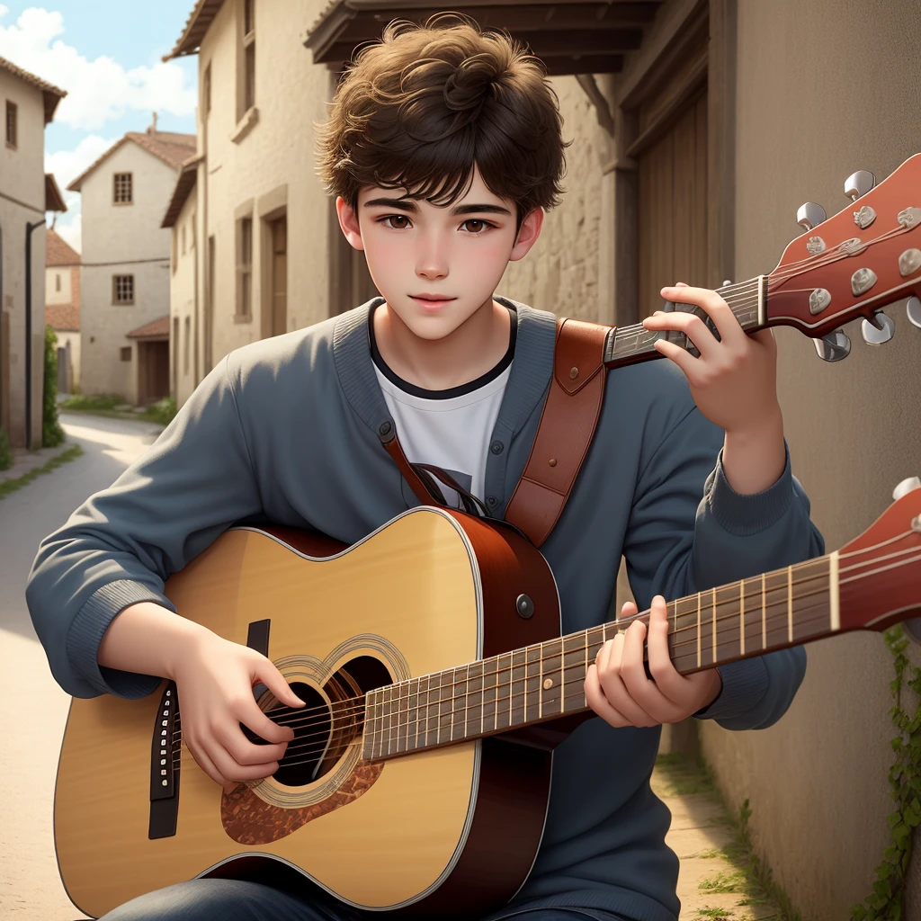 Young man playing guitar in a village