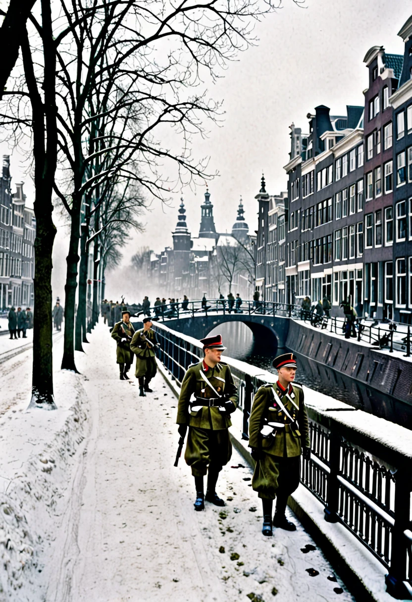Winter early morning,There is a little snow,German soldiers smoking on a bridge in Amsterdam,1940