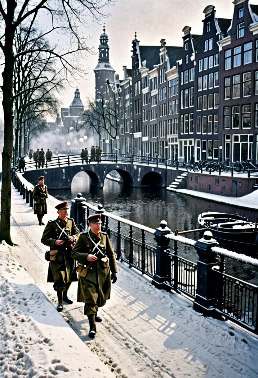 Winter early morning,There is a little snow,German soldiers smoking on a bridge in Amsterdam,1940