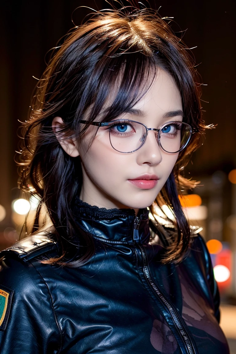 ((best quality)), ((masterpiece)), (detailed), perfect face, 1 girl, purple hair, blue beautiful eyes, tactical gear, military, city. Night, winter, glasses, (real、photorealistic、photorealistic: 1.37) soft lighting、roma、subtle shadow、intense colors、enchantingly illuminated、high contrast, full body