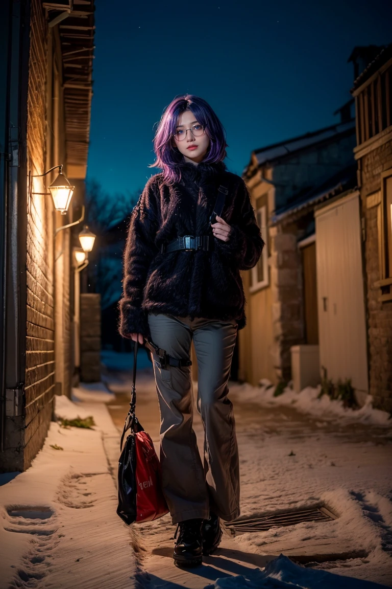 ((best quality)), ((masterpiece)), (detailed), perfect face, 1 girl, purple hair, blue beautiful eyes, tactical gear, military, city. Night, winter, glasses, (real、photorealistic、photorealistic: 1.37) soft lighting、roma、subtle shadow、intense colors、enchantingly illuminated、high contrast, full body