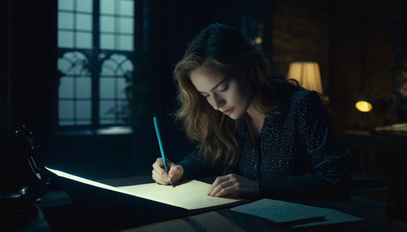 A detailed image of "a woman in her 20s, writing a book with an automatic scribe machine" in "a dark room" during "late at night", taken with a cinematic camera, using portrait with cinematic lighting --ar 16:9 --s 1000 --v 6
