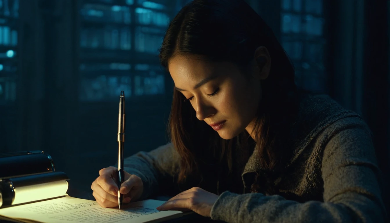 A detailed image of "a woman in her 20s, writing a book with an automatic scribe machine" in "a dark room" during "late at night", taken with a cinematic camera, using portrait with cinematic lighting --ar 16:9 --s 1000 --v 6
