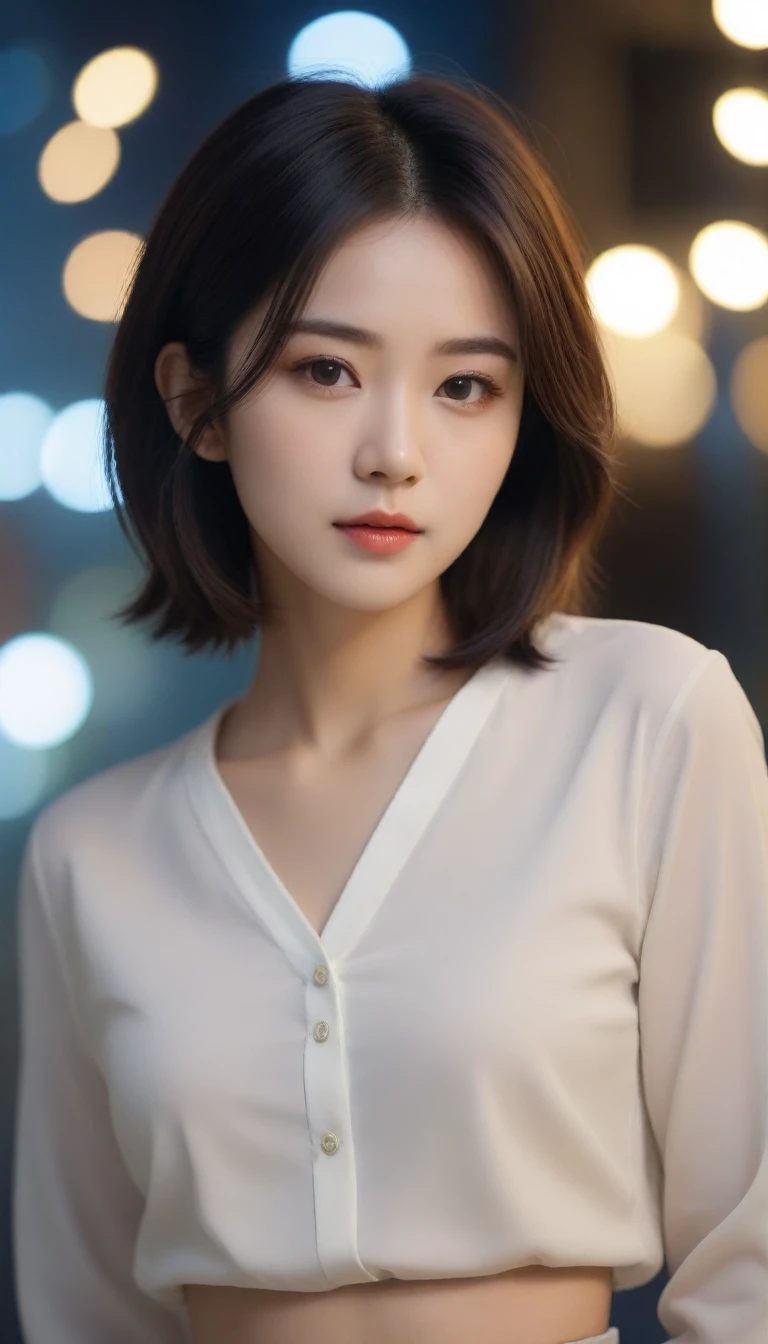 Close-up of a beautiful Korean woman, 29" chest, Wearing a long-sleeved shirt, skirt, elegant expression, Look directly into the camera, Place a cup of coffee in the apartment, Bokeh background, night, Short hair front view, Ultra HD