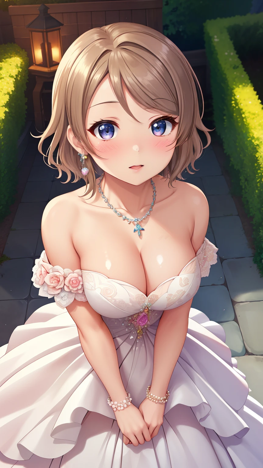 (Masterpiece), 8k wallpaper, solo, Watanabe you, game cg, beautiful detailed face and eyes, perfect anatomy, standing, outside, blush, glossy lips, wedding dress, off the shoulder, necklace, jewelry, garden