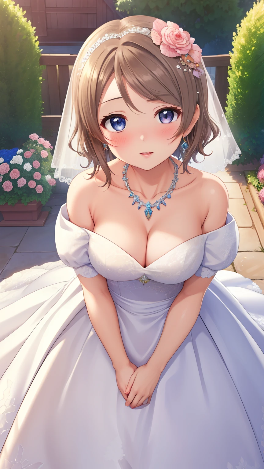 (Masterpiece), 8k wallpaper, solo, Watanabe you, game cg, beautiful detailed face and eyes, perfect anatomy, standing, outside, blush, glossy lips, wedding dress, off the shoulder, necklace, jewelry, garden