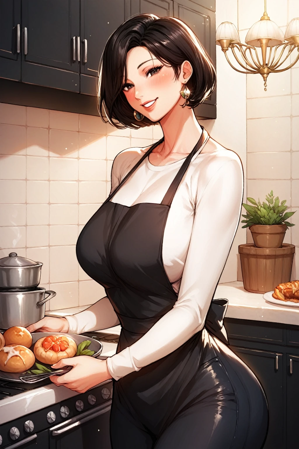 Hot sexy beautiful milf mother in house cooking in kitchen, big heavy long chandelier earrings,black hair,short hair,blush,black eyes,  lipstick, black casual pants,apron, smiling 