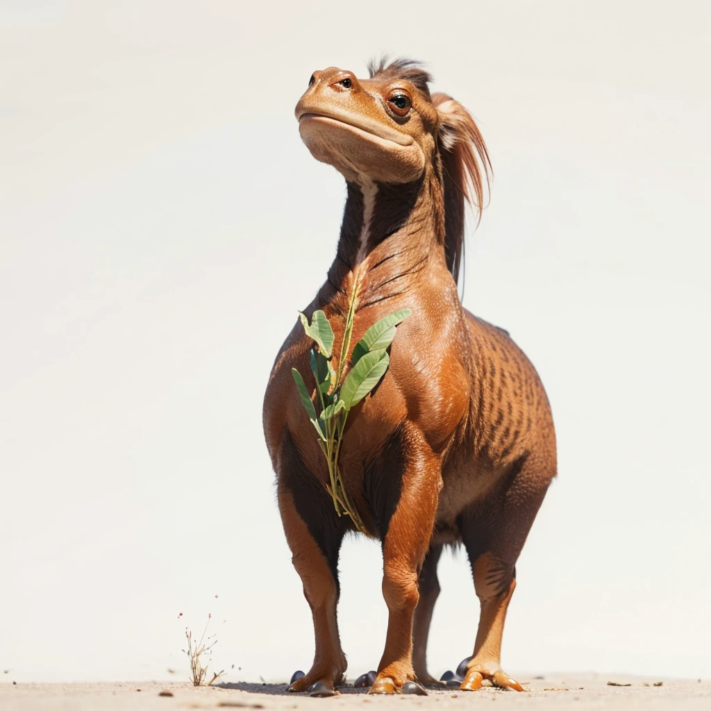 Small Animaly, (tall animal), has reds and silver stripes on his skin, his body is shaped like a mammoth but his face is like a frog and a fire, Grassroots background 