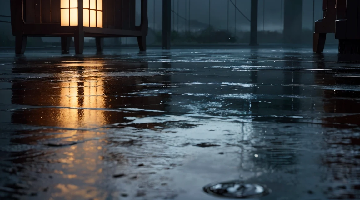 Rain pours down on the mirror-like surface of the water, and it has been raining for a long time, raining all the time, (Photographic, Best Quality, High Quality, Highres:1.4), Detailed, Extremely Detailed, Ambient Soft Lighting, 4K, Background, Depth of Field,