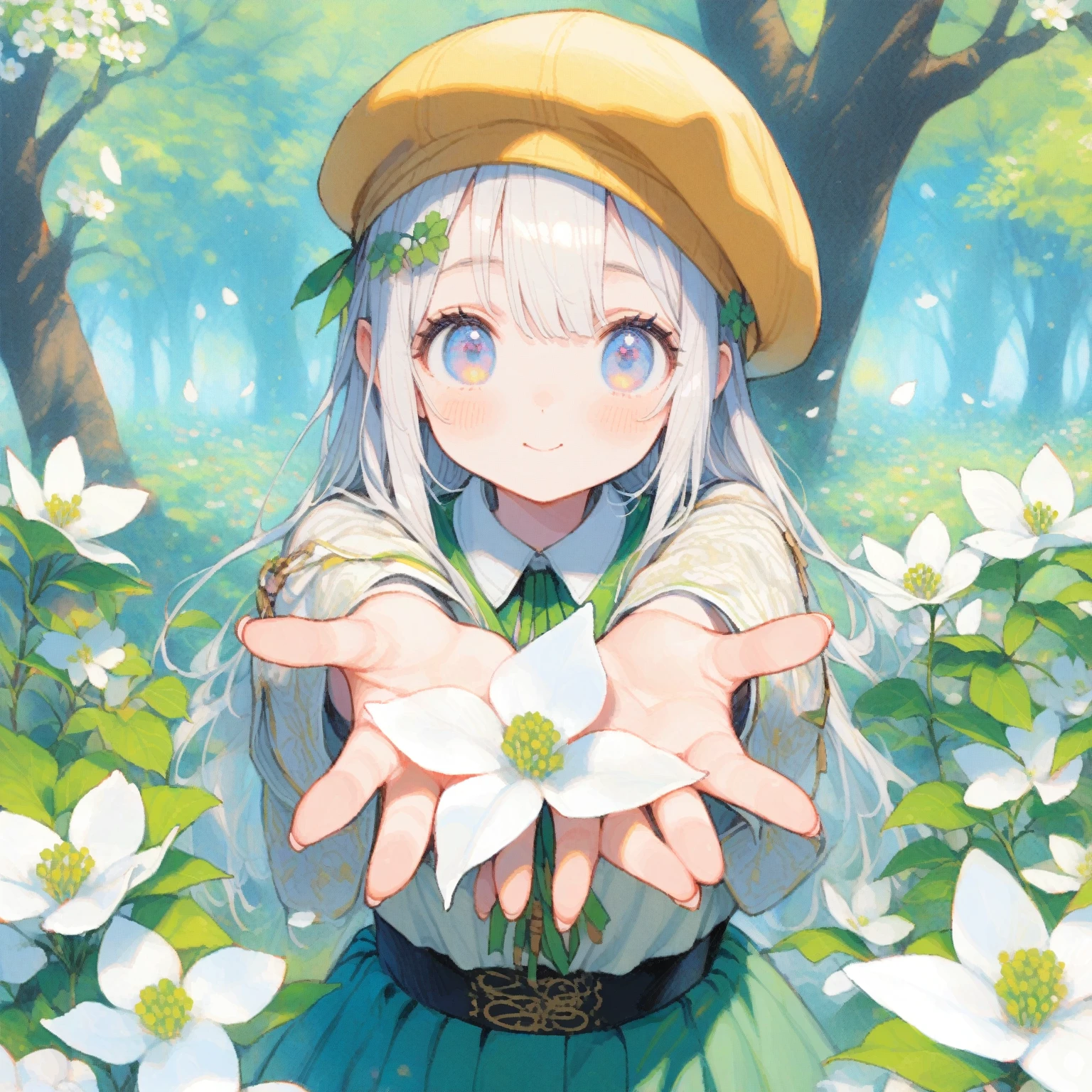 1girl、White Cornus kousa、Each flower has only four white petals.、In the forest of dogwoods、Hold your hand out towards the screen、Green clothes、White Hair、Yellow Beret、「Friendship」、Japanese dogwood、tegaki