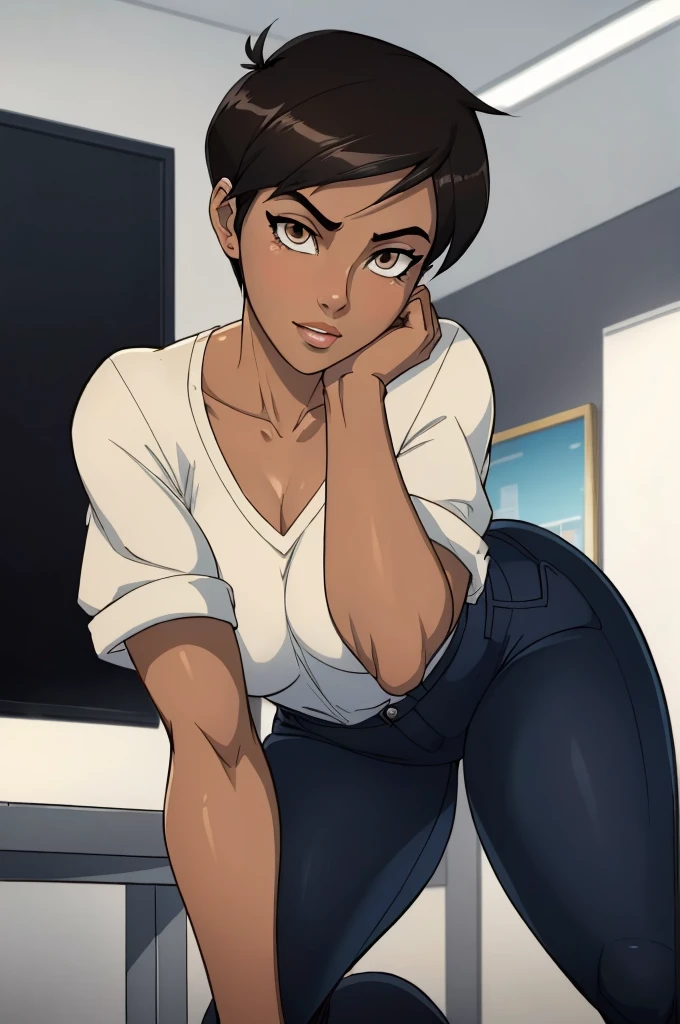 ((ultra quality)), ((masterpiece)), Lois Lane, ((black short hair tomboy hairstyle)), (Beautiful face), (beautiful female lips), (), charming, ((sexy facial expression)), looks at the camera, eyes slightly open, (Dark skin color), (dark skin), glare on the body, ((detailed beautiful female eyes)), ((dark brown eyes)), (juicy female lips), (dark eyeliner), (beautiful female hands), ((ideal female figure)), ideal female body, beautiful waist, gorgeous thighs, beautiful medium breasts, ((subtle and beautiful)), sexy worth (), (White shirt, Black jeans) background: office, ((depth of field)), ((high quality clear image)), (clear details), ((high detail)), realistically, professional photo session, ((Clear Focus)), anime, (flexible), jack-o' challenge, hands on ground, spread legs, facing the audience, ass up, (masterpiece,best quality:1.5)
