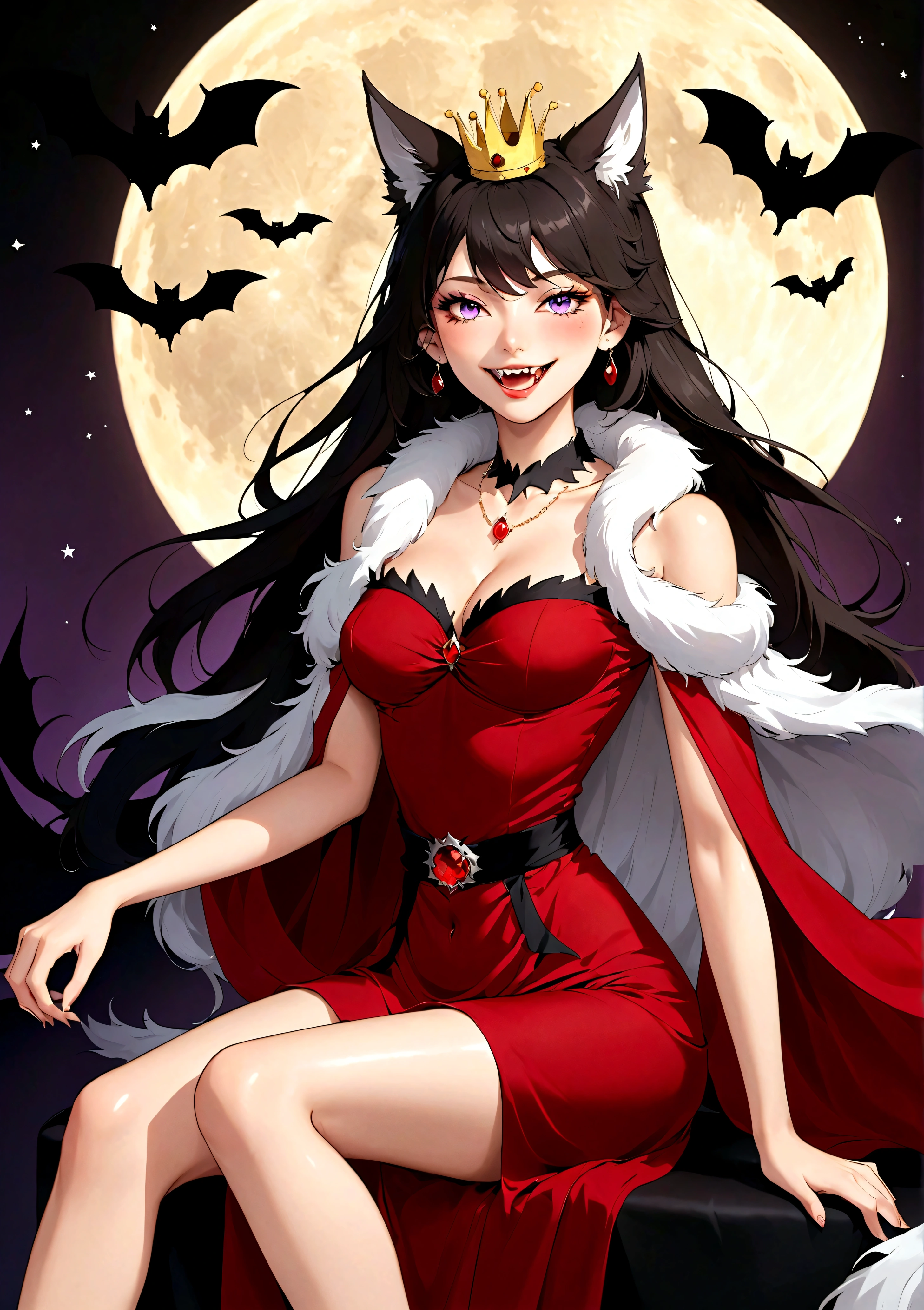 Vector，flat，A beautiful illustration：Beautiful girl sitting elegantly，(((She has a beauty spot:1.37)))，Purple Eyes，Delicate lashes，laughing out loud，Fangs，Smooth skin，Long black hair，Wolf ears， Small Crown，Red dress with fur collar，Long legs，Fierce gray wolf background。Correct human anatomy，moonlight，bat