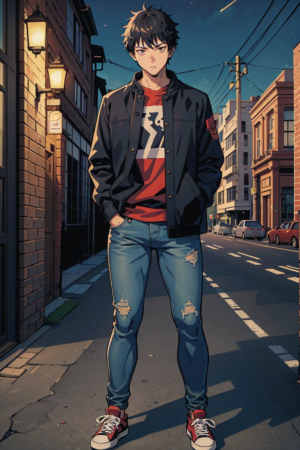 ((illustration)), (best quality)), ((masterpiece)), (detailed), ((night)), teenager, solo, 1boy, male focus, black jacket, short hair, black hair, standing, shaggy hair, jeans, sneakers, cityscape, lineart, thick lines, comic cover, itadori, itadori_yuuji