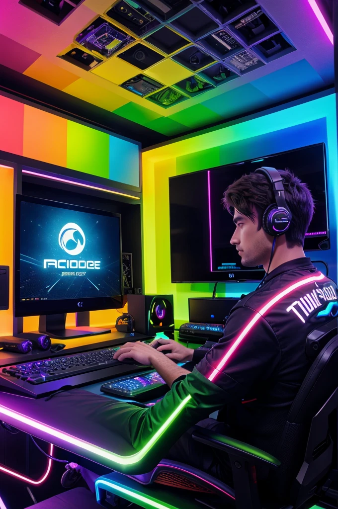 A gamer with high quality build PC with so many colourful RGB and room full of futuristic tools , playing game on his computer