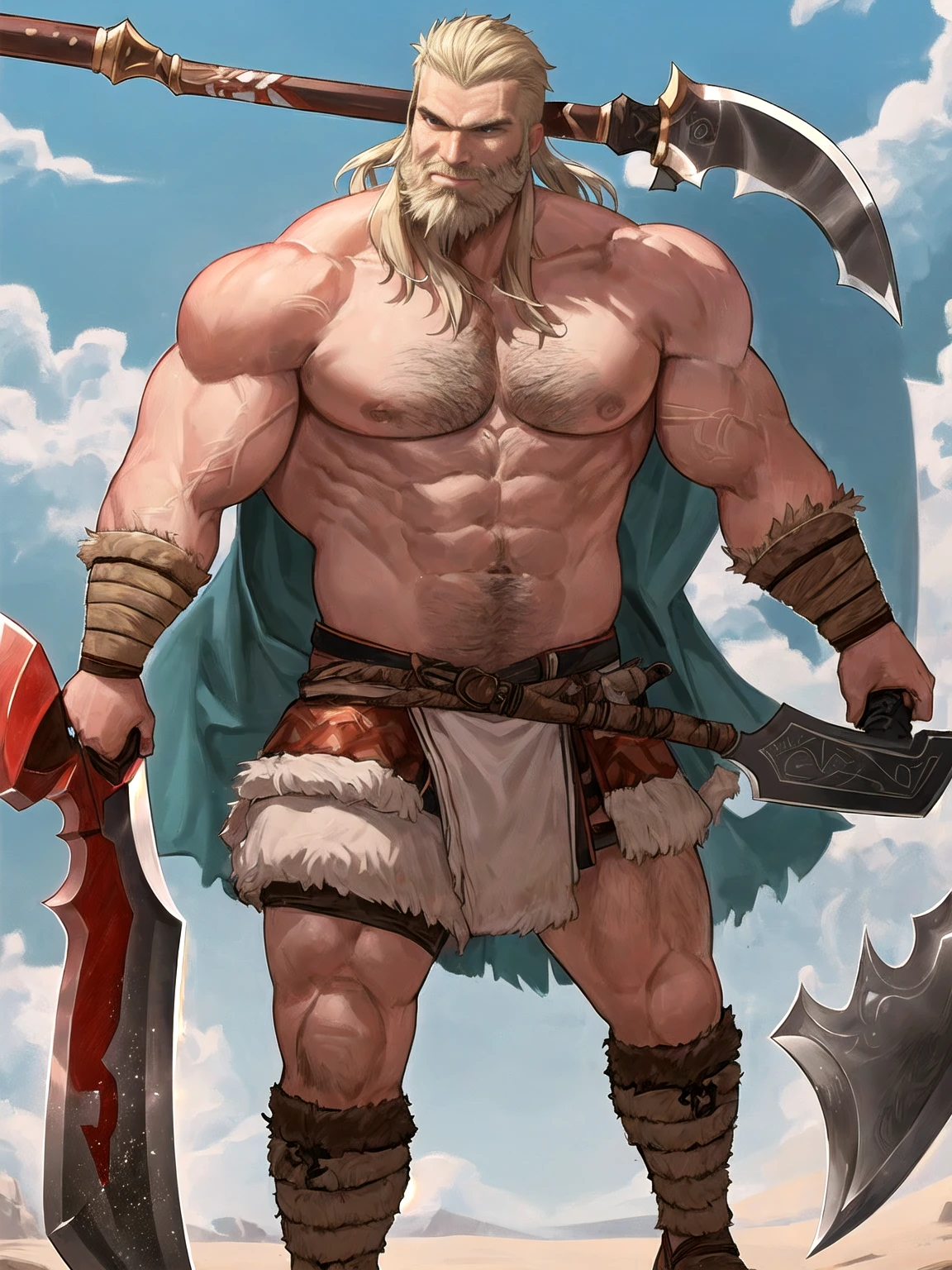 a beard man, male warrior, with an axe, beefcake pose, gigachad muscular, full body portrait, male art, technoviking male with no shirt, loincloth, with a two handed axe, muscular male hero