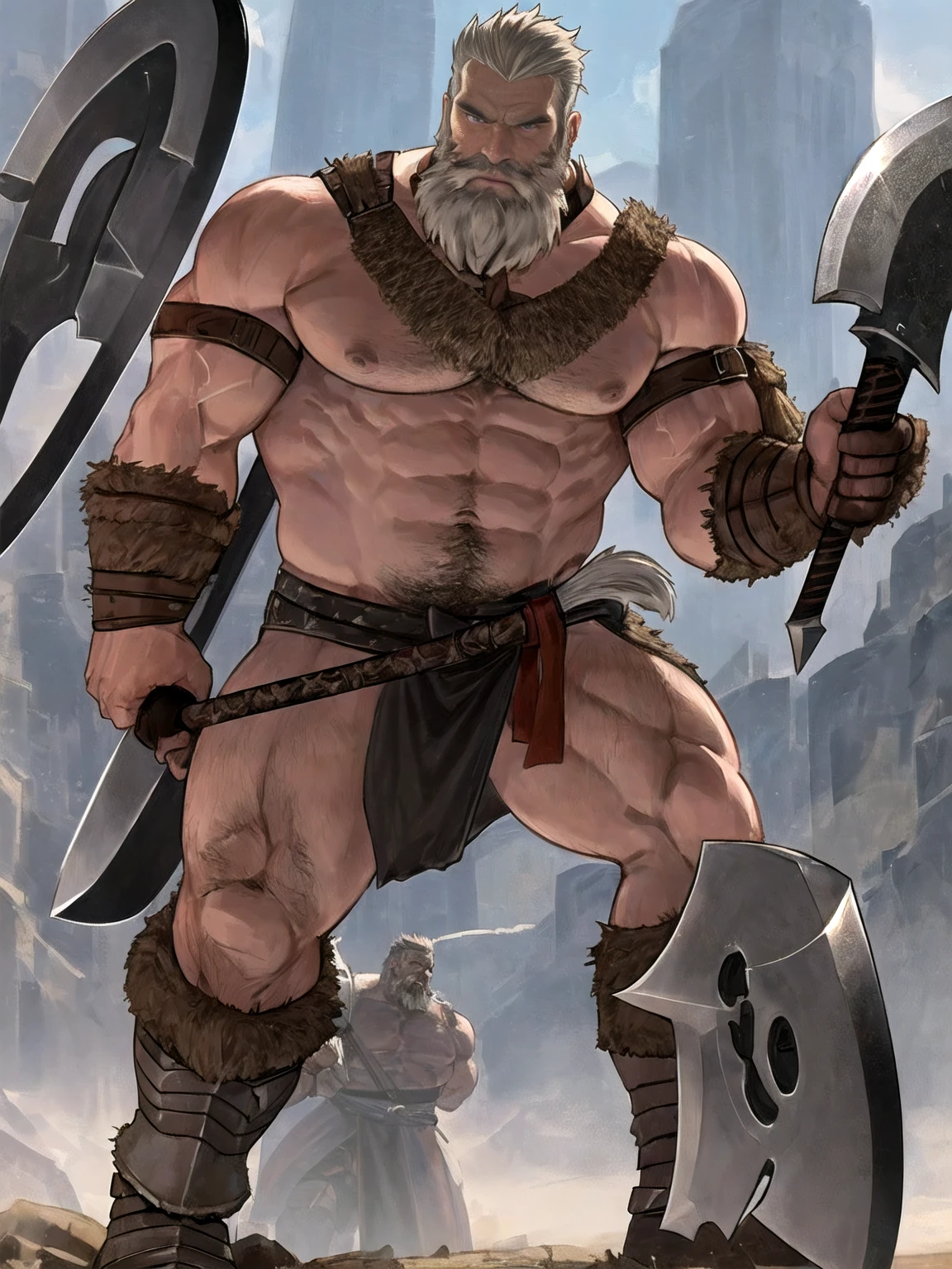 a beard man, male warrior, with an axe, beefcake pose, gigachad muscular, full body portrait, male art, technoviking male with no shirt, loincloth, with a two handed axe, muscular male hero