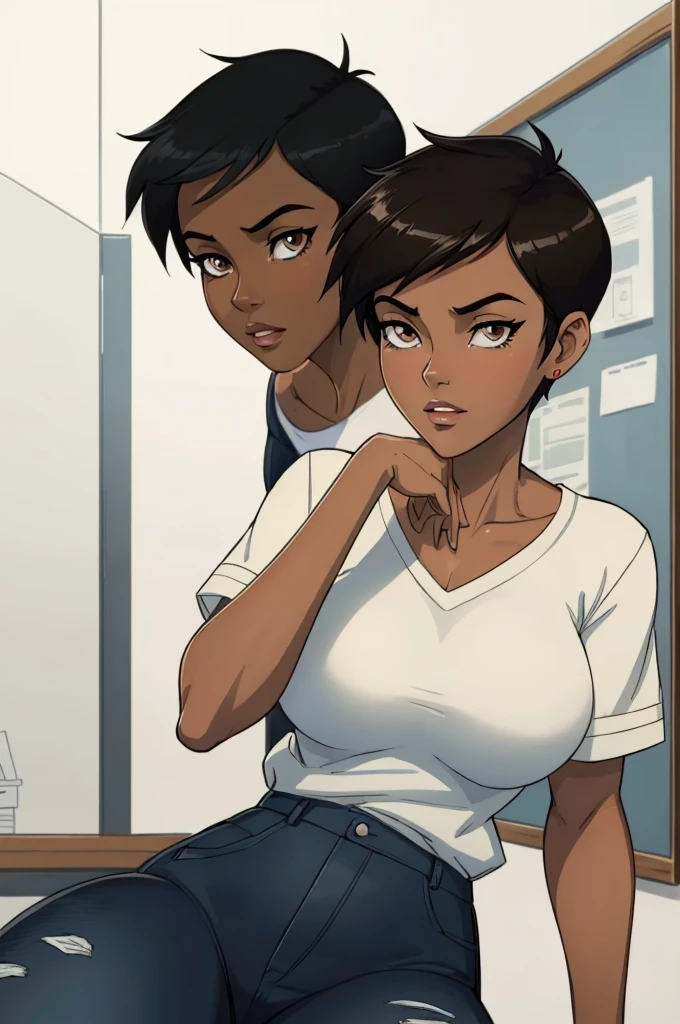 ((ultra quality)), ((masterpiece)), Lois Lane, ((black short hair tomboy hairstyle)), (Beautiful face), (beautiful female lips), (), charming, ((sexy facial expression)), looks at the camera, eyes slightly open, (Dark skin color), (dark skin), glare on the body, ((detailed beautiful female eyes)), ((dark brown eyes)), (juicy female lips), (dark eyeliner), (beautiful female hands), ((ideal female figure)), ideal female body, beautiful waist, gorgeous thighs, beautiful medium breasts, ((subtle and beautiful)), sexy worth (), (White shirt, Black jeans) background: office, ((depth of field)), ((high quality clear image)), (clear details), ((high detail)), realistically, professional photo session, ((Clear Focus)), anime, (flexible), jack-o' challenge, hands on ground, spread legs, facing the audience, ass up, (masterpiece,best quality:1.5)
